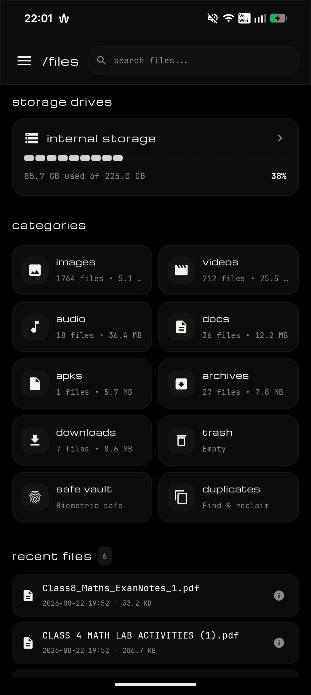 _init_ /files home screen showing storage drives, categories, and recent files